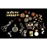 Property of a lady - a bag containing assorted items including silver thimbles & military pocket