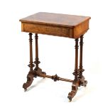 Property of a lady - a Victorian burr walnut work table, with frieze drawer & turned columns, 22.