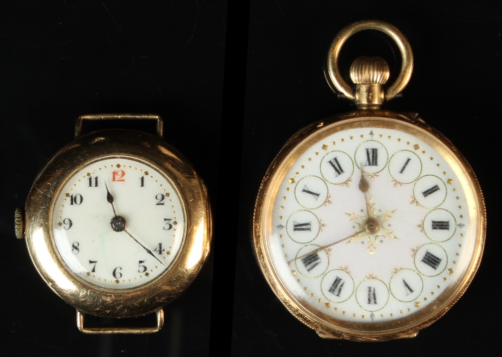 A late 19th / early 20th century Swiss 18ct gold keyless fob watch, with chased decoration, 1.