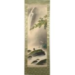 Property of a gentleman - a scroll painting on silk depicting a magpie on rock by stream, 20th