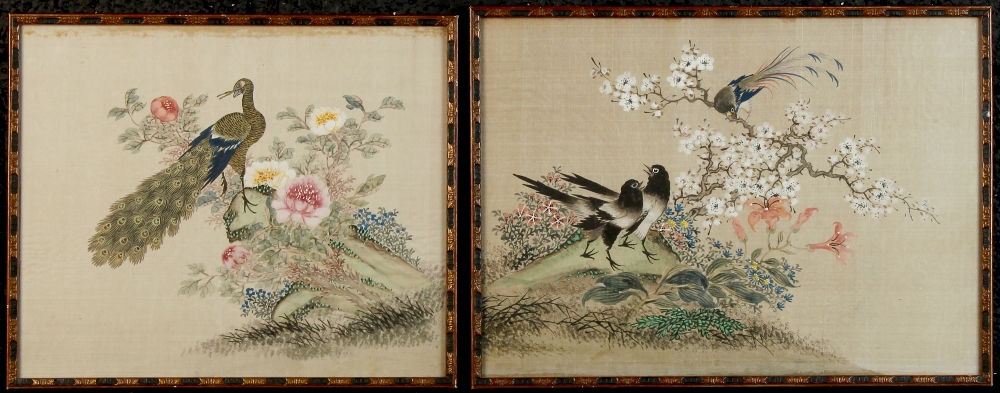 Two early 20th century Chinese paintings on silk depicting birds among flowering shrubs, the