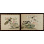 Two early 20th century Chinese paintings on silk depicting birds among flowering shrubs, the