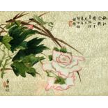 A Chinese painted cut-out pith paper picture on silk depicting a praying mantis on flowers, with