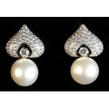 A pair of good quality Chopard 18ct white gold pearl & diamond earrings, each with a single large