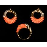 A Van Cleef & Arpels 18ct yellow gold coral & diamond ring and pair of earrings en suite, of