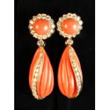 A good pair of 18ct yellow gold carved coral & diamond pendant drop earrings, Paris import marks,