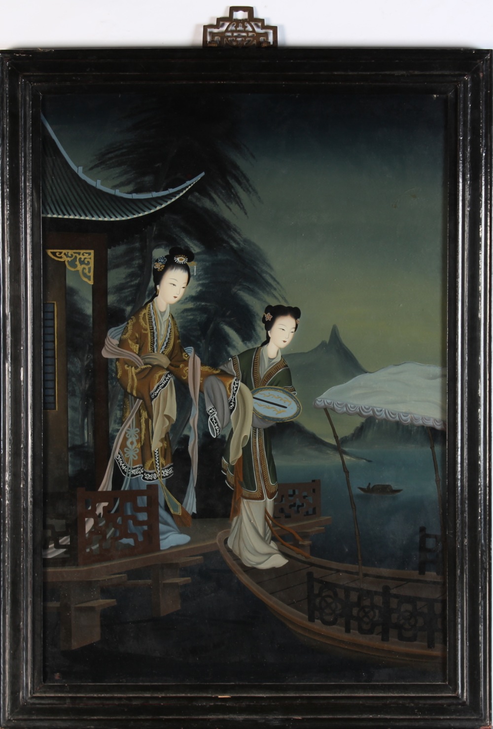 Property of a lady - a 19th century Chinese reverse painting on glass depicting two ladies