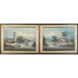A pair of early 20th century Chinese paintings on fine canvas depicting figures in boats & river