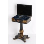 Property of a lady - a Victorian black papier mache work table, circa 1850, with inlaid mother-of-