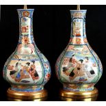 Property of a deceased estate - a pair of late 19th century Japanese porcelain bottle vases, adapted