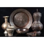 Property of a gentleman - six Islamic bronze, copper & brass items, some with mixed metal inlay, the