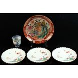 A group of five assorted Japanese ceramics including an 18th century Imari beaker and a set of three