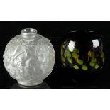 An Art Deco Espaivet frosted glass globular vase moulded with grapes & vines, signed, 8.1ins. (20.