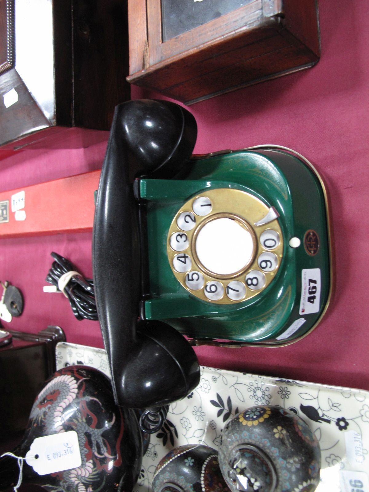 A Circa Mid Century Bell Telephone, marked "ANVERS BELGIQUE F.T.R.", with brass handle, green and