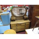 An Early XX Century Inlaid Oak Dressing Table, with shield shape swing mirror, pear drop handles