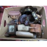 Shoe Trees, binoculars, clock, Art Nouveau brass tray, J. Sankey jardiniere etc:- One Box