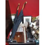 A XIX Century Rosewood Box, two gents, umbrellas, pair of glass, gauge, etc:- One Box