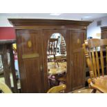 Edwardian Inlaid Mahogany Double Wardrobe, with stepped pediment, twin hanging compartments and