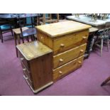 Pine Chest of Three Long Drawers and Bedside Chest of Drawers, on bun feet. (2)