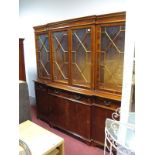 A Yew Effect Breakfront Display Cabinet, having dentil cornice over four glazed astragal doors, base