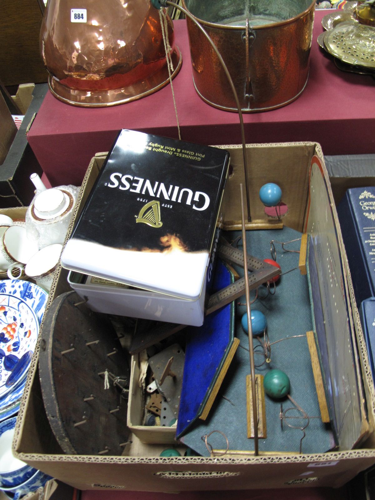 A Large Quantity of Early Meccano, skittles and old games, plus Guinness tin containing vintage