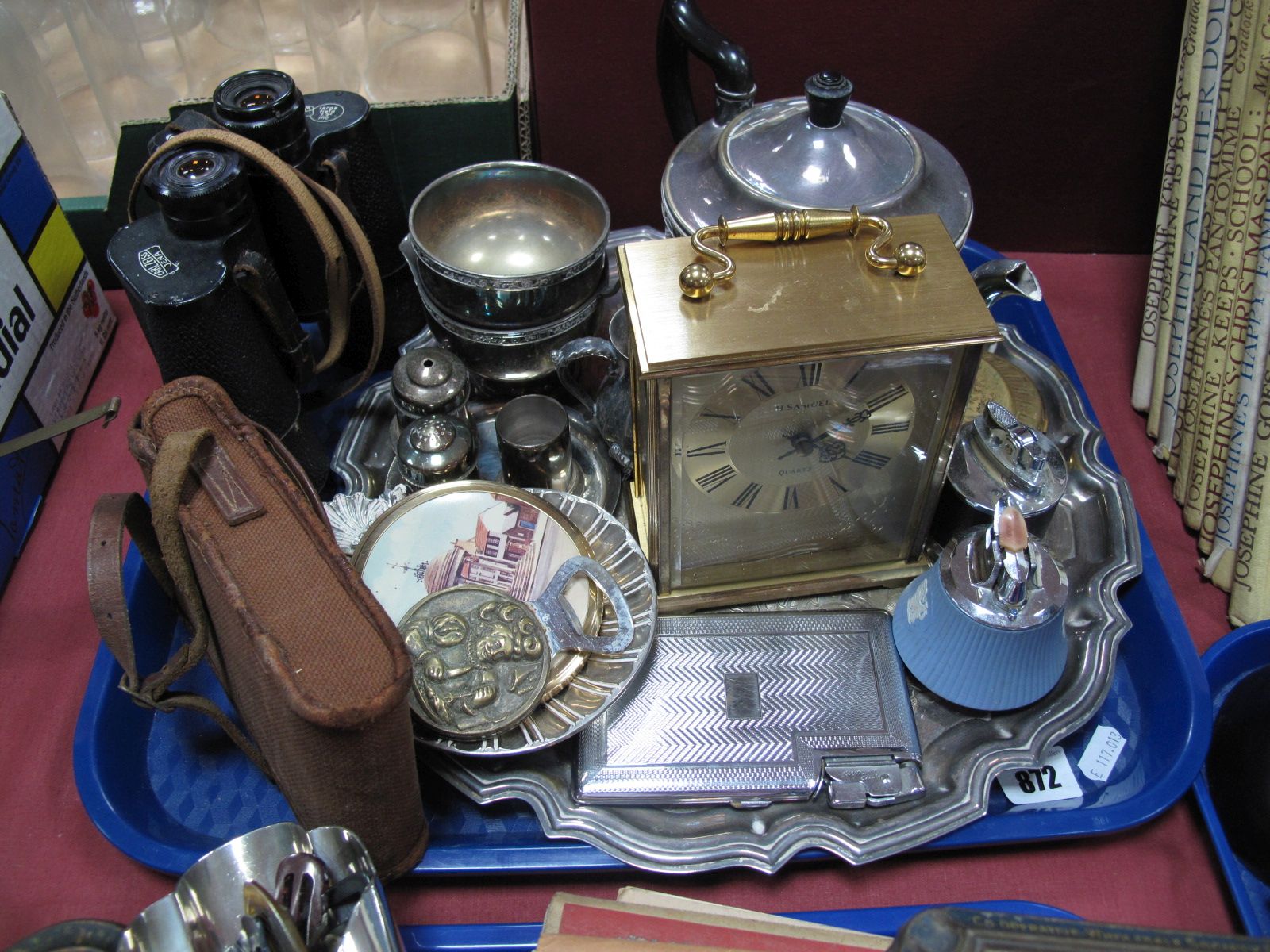 Viners Tea Service, tray, H. Samuel clock, Dekarem Carl Zeiss Jena binoculars, lighters, Windsor