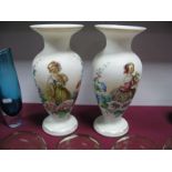 A Pair of Victorian White Opaque Glass Baluster Vases, each polychrome enamelled and gilt with a