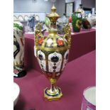 A Royal Crown Derby China Two Handled Vase, of ovoid pedestal form, painted and gilt in the Imari