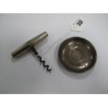 A Hallmarked Silver Pin Dish, coin inset to the centre; together with a travelling corkscrew. (2)