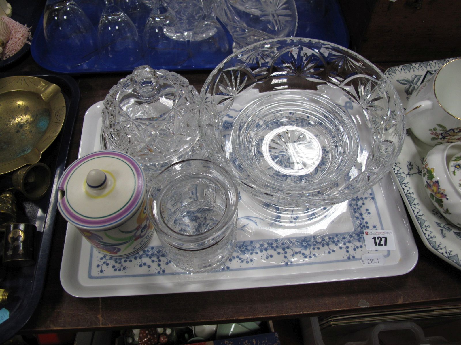 A Poole Cylindrical Preserve Jar and Cover, of traditional design, a lead crystal bowl, powder