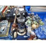 Two Plated Ewers, tortoiseshell and nacre backed hand brush, Simplex posser, teapot, atomiser, etc:-