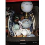 XIX Century and Later Meat Plates, oil lamp, XX Century Chinese tea ware, etc:- One Box