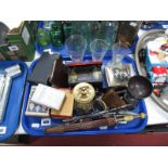 A XIX Century Treen Snuff Box, glass measures, pen knives, playing cards, bakelite cigarette case,