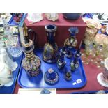 Bristol Blue Overlaid Glass decanter, and other similarly decorated blue glassware:- One Tray