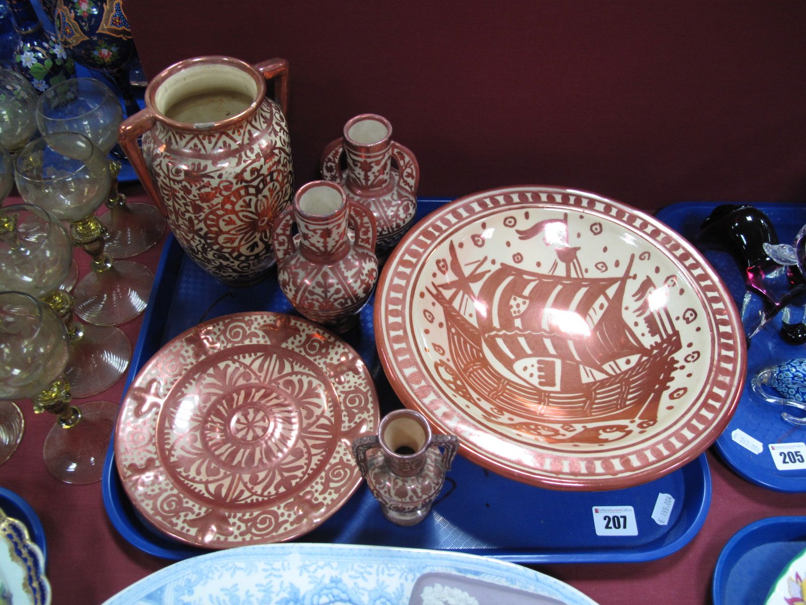 Hispano Moresque Style Pottery, "V.G.", "Riorici" etc:- Six Pieces