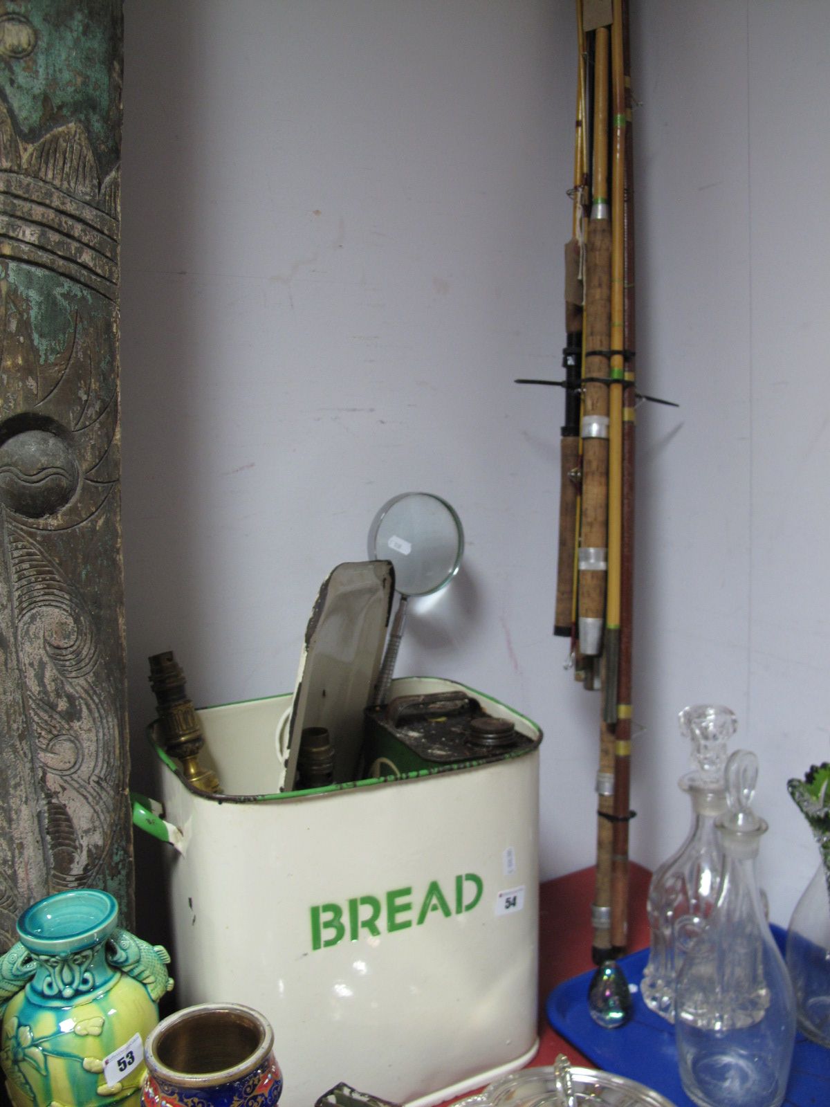 An Enamelled Bread Bin, Castrol oil can, pair of gilt lamps, magnifier.