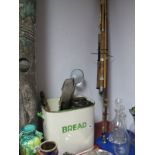 An Enamelled Bread Bin, Castrol oil can, pair of gilt lamps, magnifier.