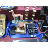 A Pair of XIX Century Brass Candlesticks, pair of XIX Century style prints, XIX Century