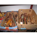 A Quantity of Carved Wooden Novelty Implements, including Welsh spoon:- Two Boxes