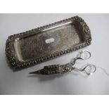 A Pair of XIX Century Plated Candle Snuffers, stamped; together with a plated tray/stand, with