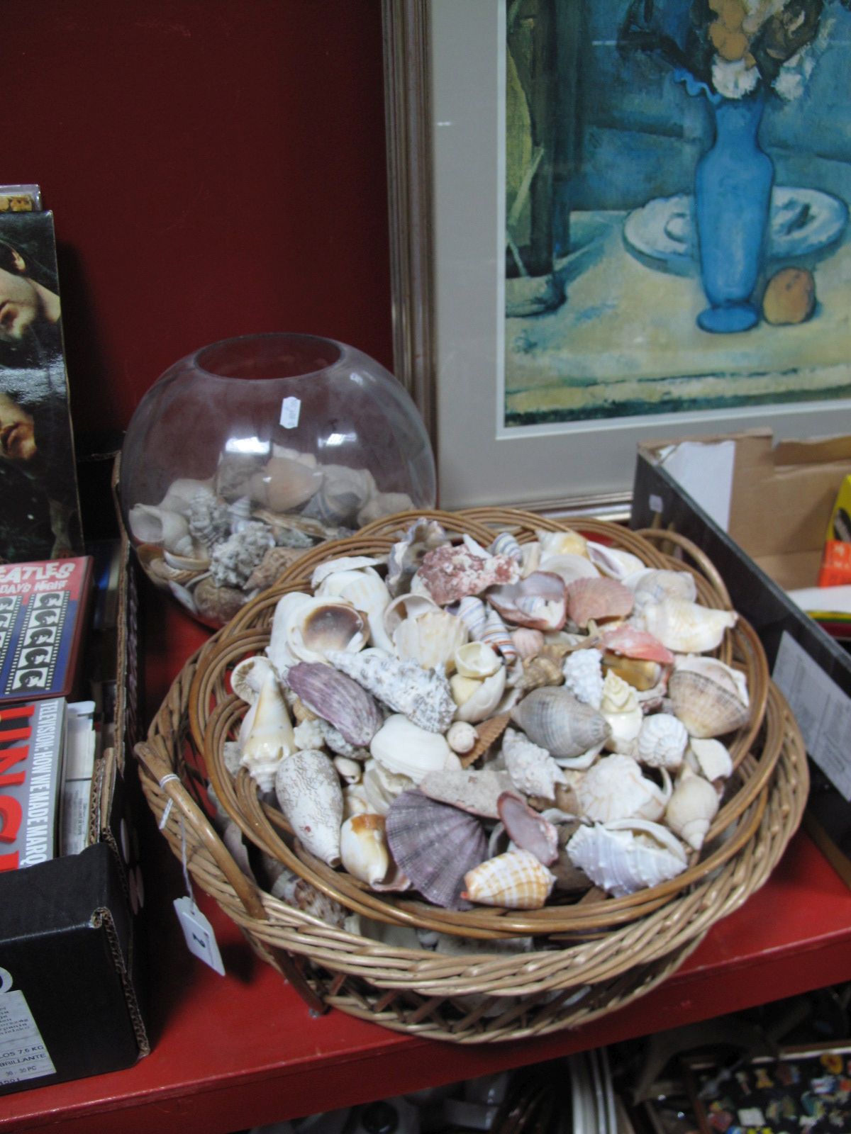 A Large Quantity of Old Seaside Shells, some in two wicker baskets, the others in a glass bowl.