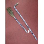 African Blue and White Beaded Fly Whisk and Walking Can, both in chevron pattern (damages).