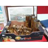 1st World War Brass Shell Cases, brass candlesticks, XIX Century brass ladle, brass poker, etc:- One