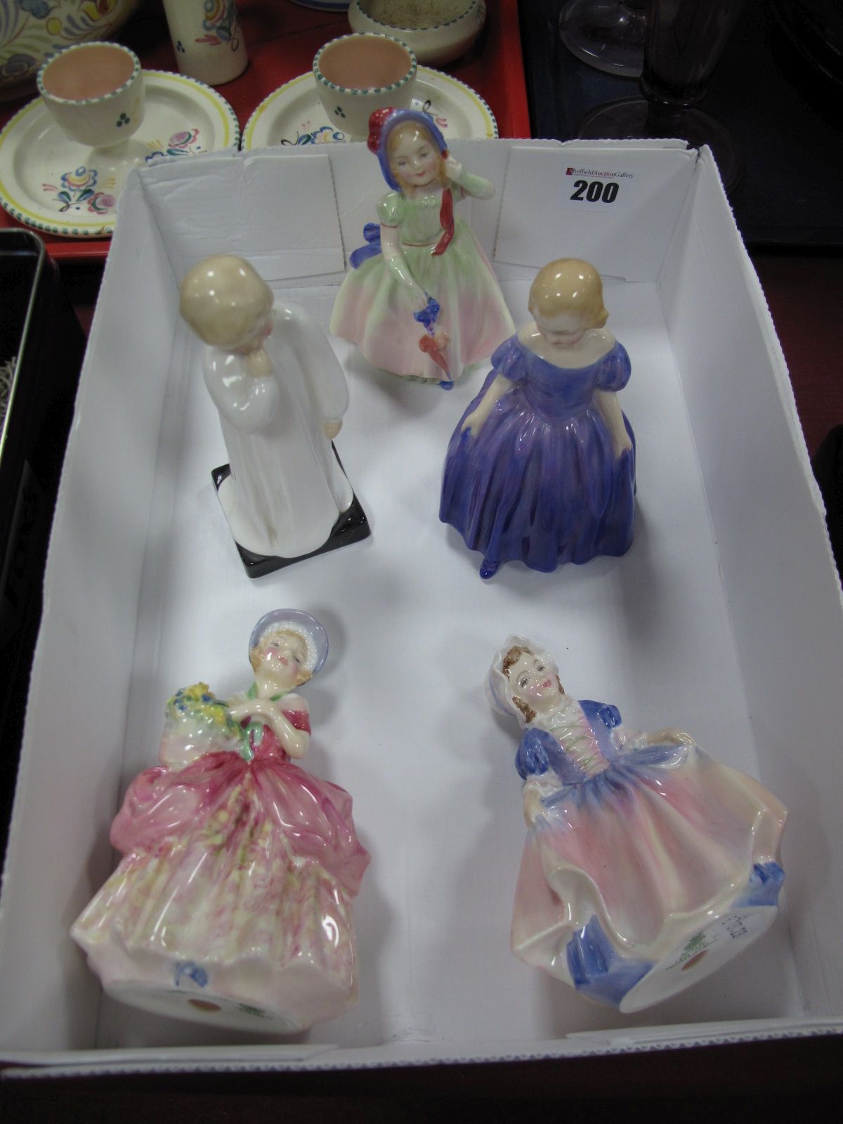 Five Royal Doulton Figurines, including "Darling" HN1985, "Marie" HN1370, "Babie" HN1679, Cissie