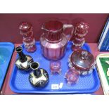 Six Pieces of XIX Century Cranberry Glassware, pair of overlaid ruby glass vases (some damage):- One