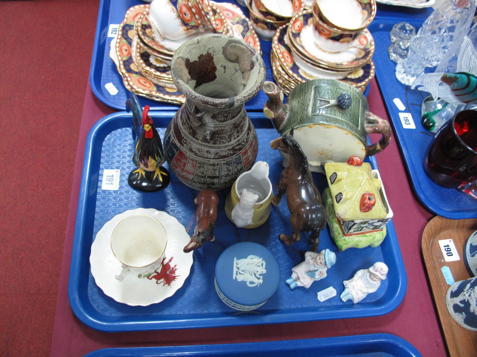 Majolica Style Teapot, Beswick horse, red dragon cup and saucer, Wedgwood circular trinket pot,