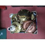 XIX Century Copper and Brass Kettles, three Avery weights, oil lamp, etc:- One Box