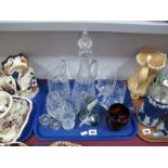 A Conical Glass Decanter, angel fish spill vase, other glassware:- One Tray