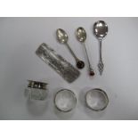 Hallmarked Silver Napkin Rings, comb (damages) in slip case, preserve spoon and two teaspoons,