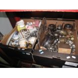 A Quantity of Plated and Brassware, together with novelty teapots plus other ceramics:- Two Boxes
